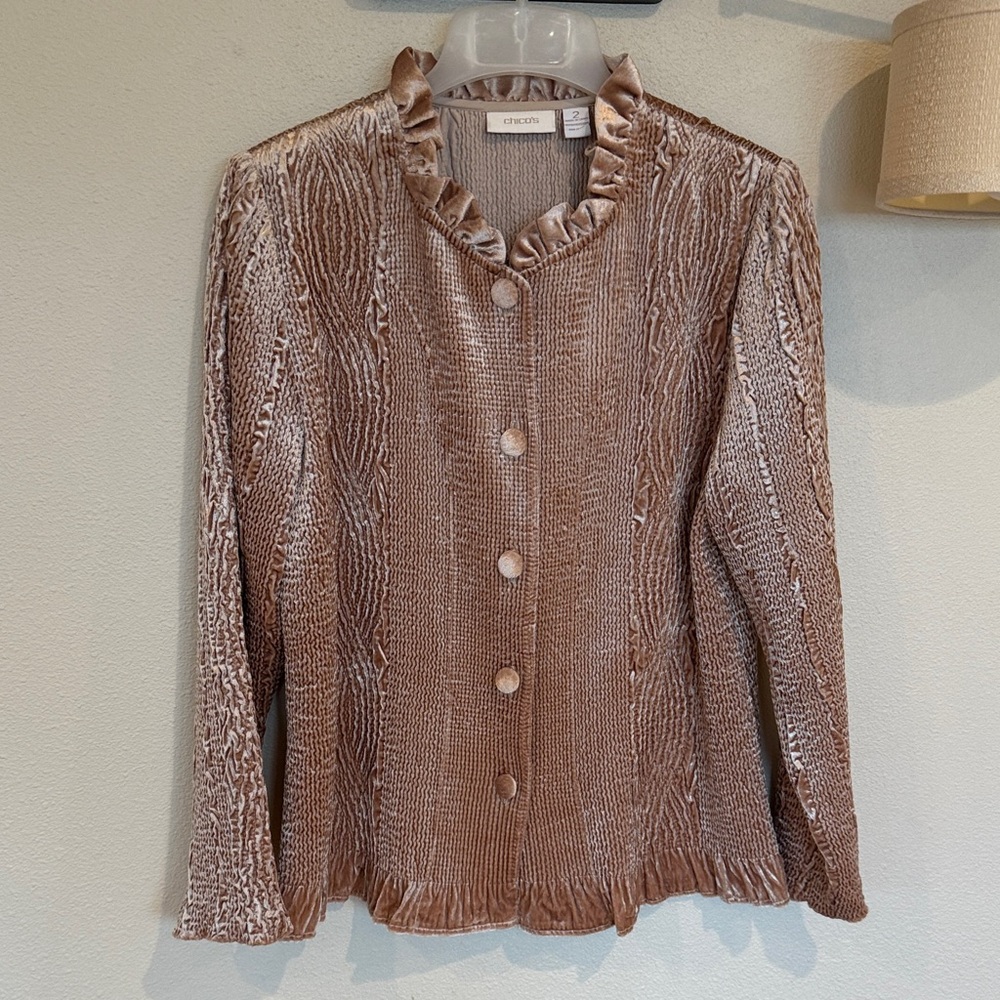 Chico's Keily Rippled Ruffle Jacket in stardust velvet size 2 - Picture 7 of 7